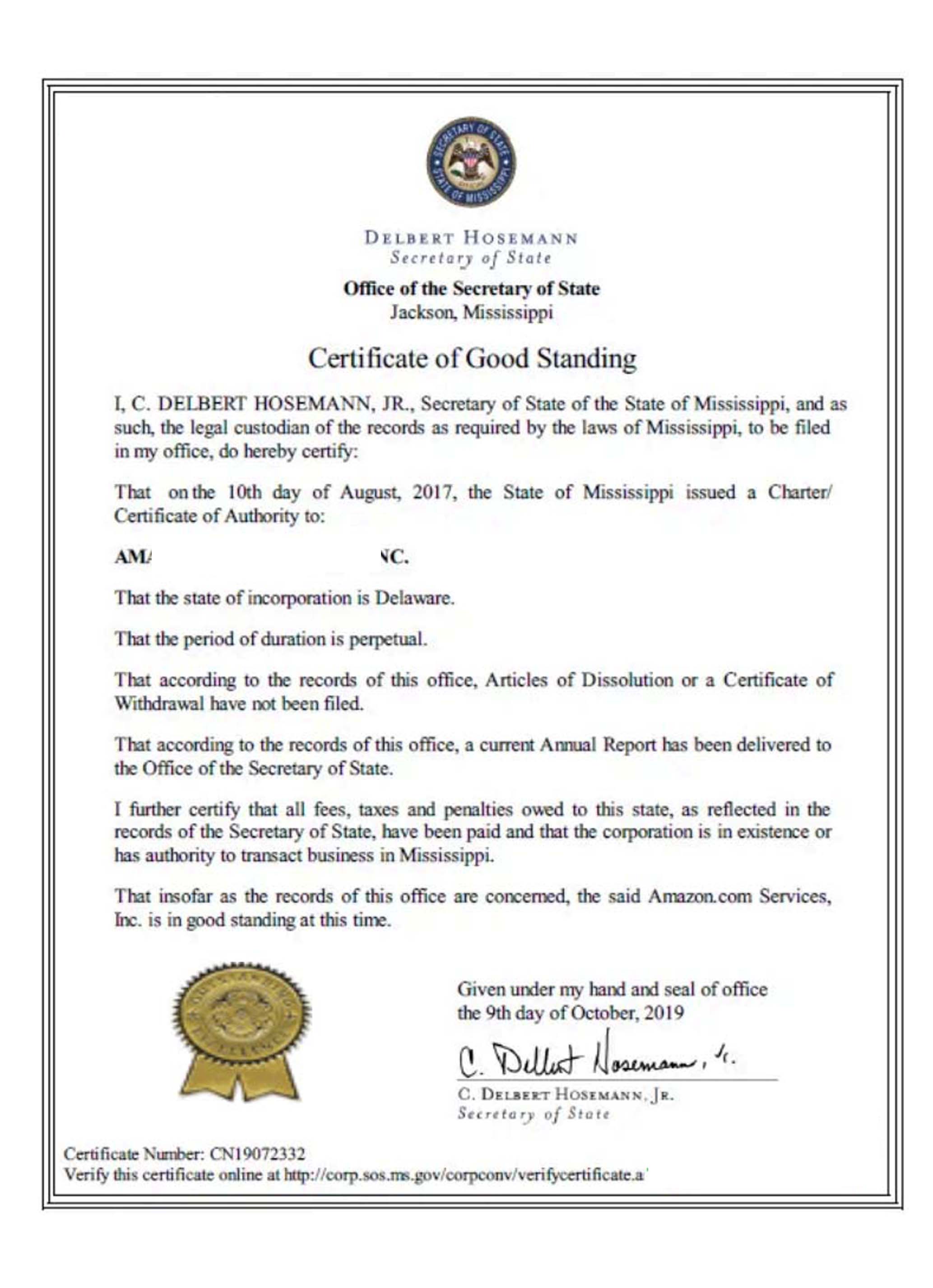 USA Mississippi certificate of good standing